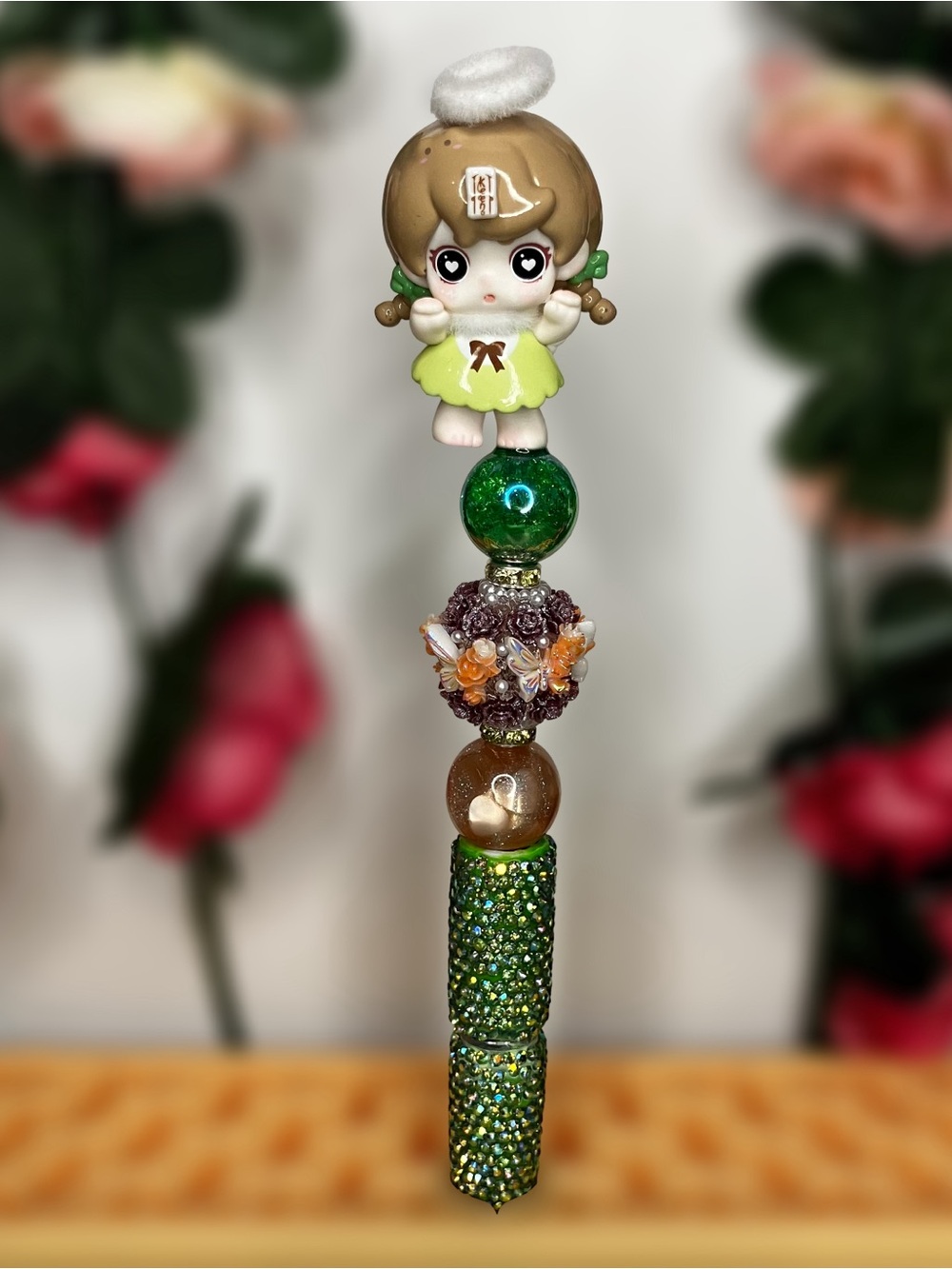 Keeno Angel Green Rhinestone Handmade Beaded Pen